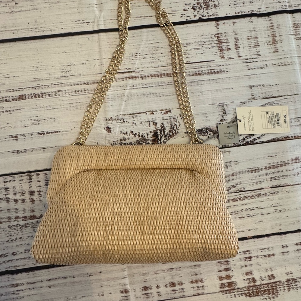 a new day Beige Woven Crossbody Bag with Gold Chain Strap